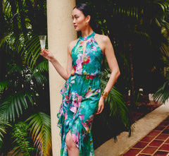 Floral Chiffon Blouson Ruffle Halter Gown In Green Multi