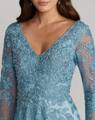 Blue Embroidered Long Sleeve A-Line Gown