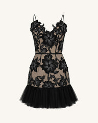 Floral Sling Mini Dress - Black