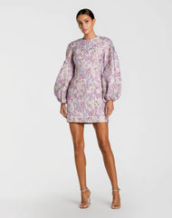 Floral Brocade Balloon Sleeve Mini Dress