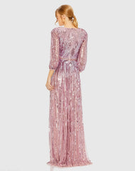 Purple Sequined Wrap Over 3/4 Sleeve Gown