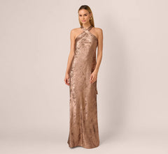 Foiled Mermaid Gown With Halter Neckline In Mocha