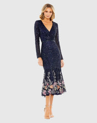 Multicolor Faux Wrap Long Sleeve Tea Length Dress