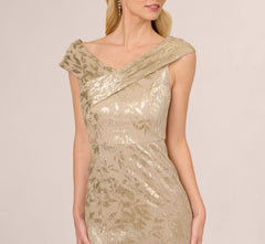 Off Shoulder Foil Leaf Mermaid Gown In Champagne Gold