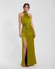 Dark Green Sleeveless Open Back Satin Gown