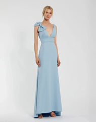 Petite Blue Sleeveless V Neck Bow Detail Mermaid Gown