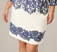 Plus Size Scroll Lace Midi Dress With Three Quarter Sleeves In Ivory Navy