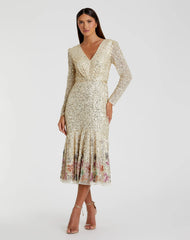 Multicolor Faux Wrap Long Sleeve Tea Length Dress