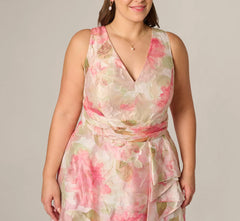 Plus Size Floral Organza Cascade High Low Midi Dress In Sage Multi