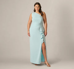 Plus Size One Shoulder Draped Ruffle Stretch Gown In Clear Sky