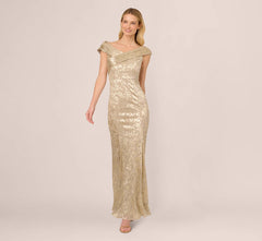 Off Shoulder Foil Leaf Mermaid Gown In Champagne Gold
