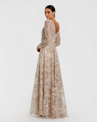 Beige Embroidered Long Sleeve A-Line Gown