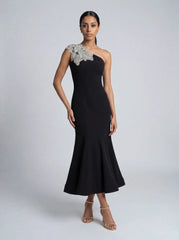 Petite Black Crepe One Shoulder Mermaid Midi Dress With Flower