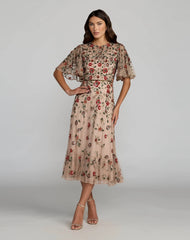 Floral Embellished Flutter Sleeve Midi Dress