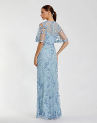 Petite Blue Flutter Sleeve Floral Embroidered Net Gown