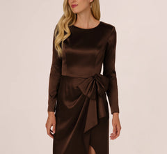 Long Sleeve Satin Bow Gown In Chocolate