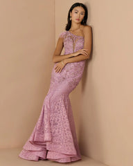 Embroidered Applique Feathered One Shoulder Trumpet Gown