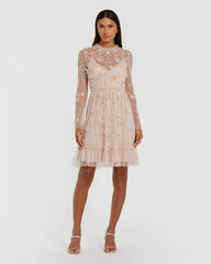Sheer Long Sleeve Embellished Mini Dress