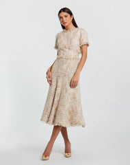 Petite Beige Boucle Short Sleeve A Line Midi Dress