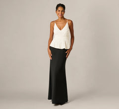 Pearly Beaded Peplum Combo Gown In Black Ivory