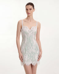 Eyelash Lace Bustier Bodycon Dress - White/Matcha Green