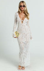 Paula Midi Dress - Lace V Neck Long Sleeve Column Dress in White