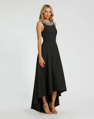 Black Crepe Embellished Neck High Low Gown