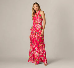 Floral Chiffon Keyhole Halter Maxi Dress In Pink Multi