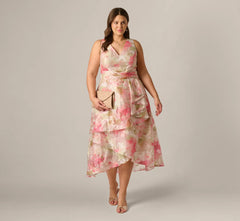 Plus Size Floral Organza Cascade High Low Midi Dress In Sage Multi