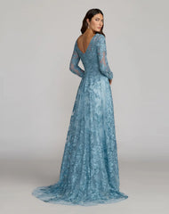Blue Embroidered Long Sleeve A-Line Gown