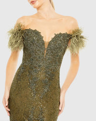 Green Off The Shoulder Embellished Lace Feather Trim Gown