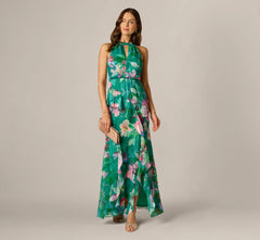 Floral Chiffon Blouson Ruffle Halter Gown In Green Multi