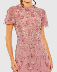 Petite Pink Embellished High Neck Flutter Sleeve A Line Dress