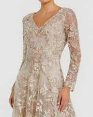 Beige Embroidered Long Sleeve A-Line Gown