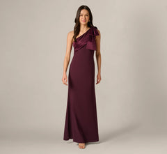 One Shoulder Satin Bow Crepe Gown In Bordeaux Glow