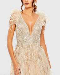 Beige Embellished Feathered Sleeveless A Line Gown