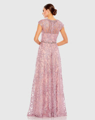 Pink Embroidered Cap Sleeve A Line Gown