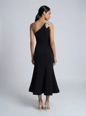 Petite Black Crepe One Shoulder Mermaid Midi Dress With Flower