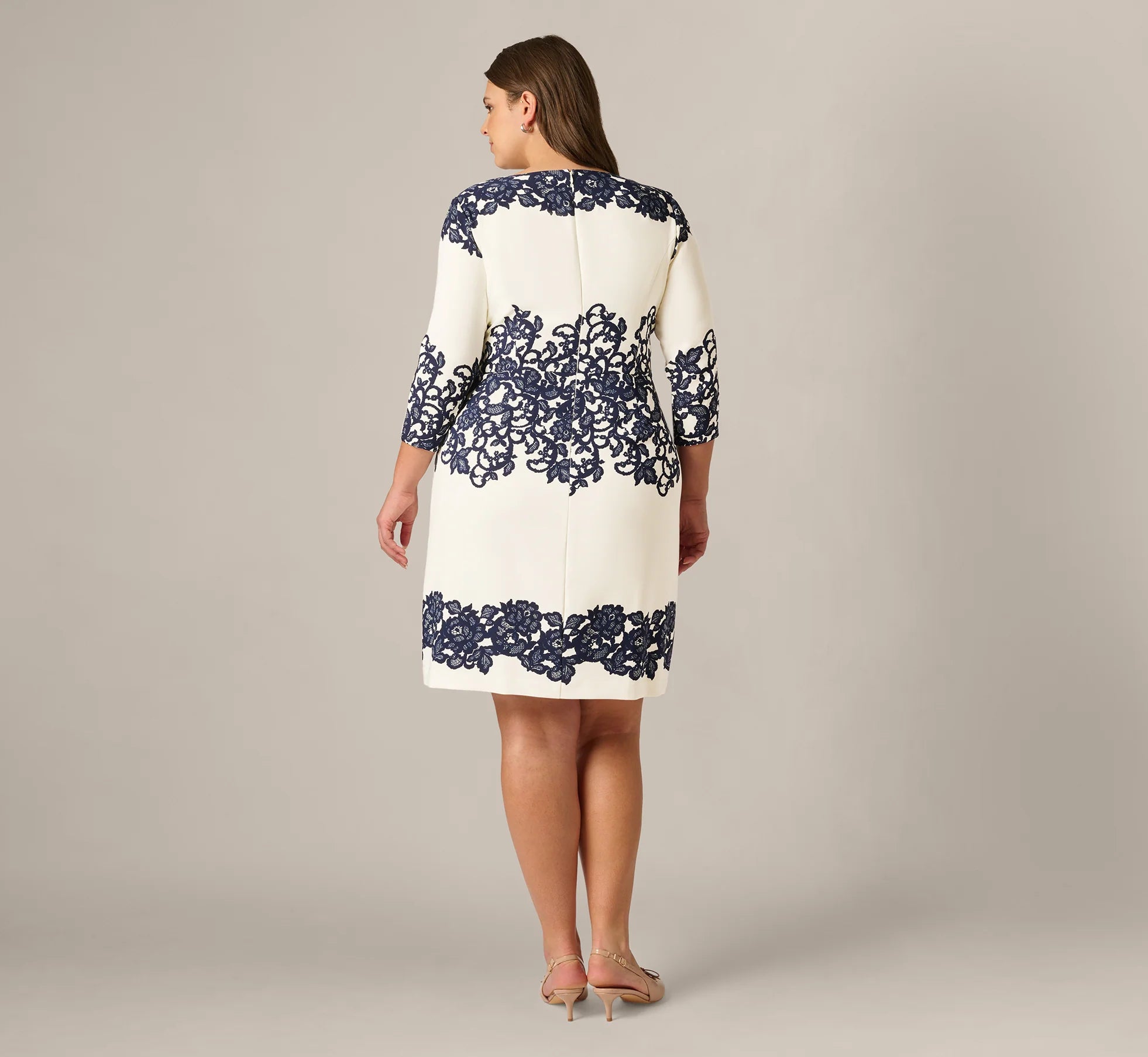 Plus Size Scroll Lace Midi Dress With Three Quarter Sleeves In Ivory Navy