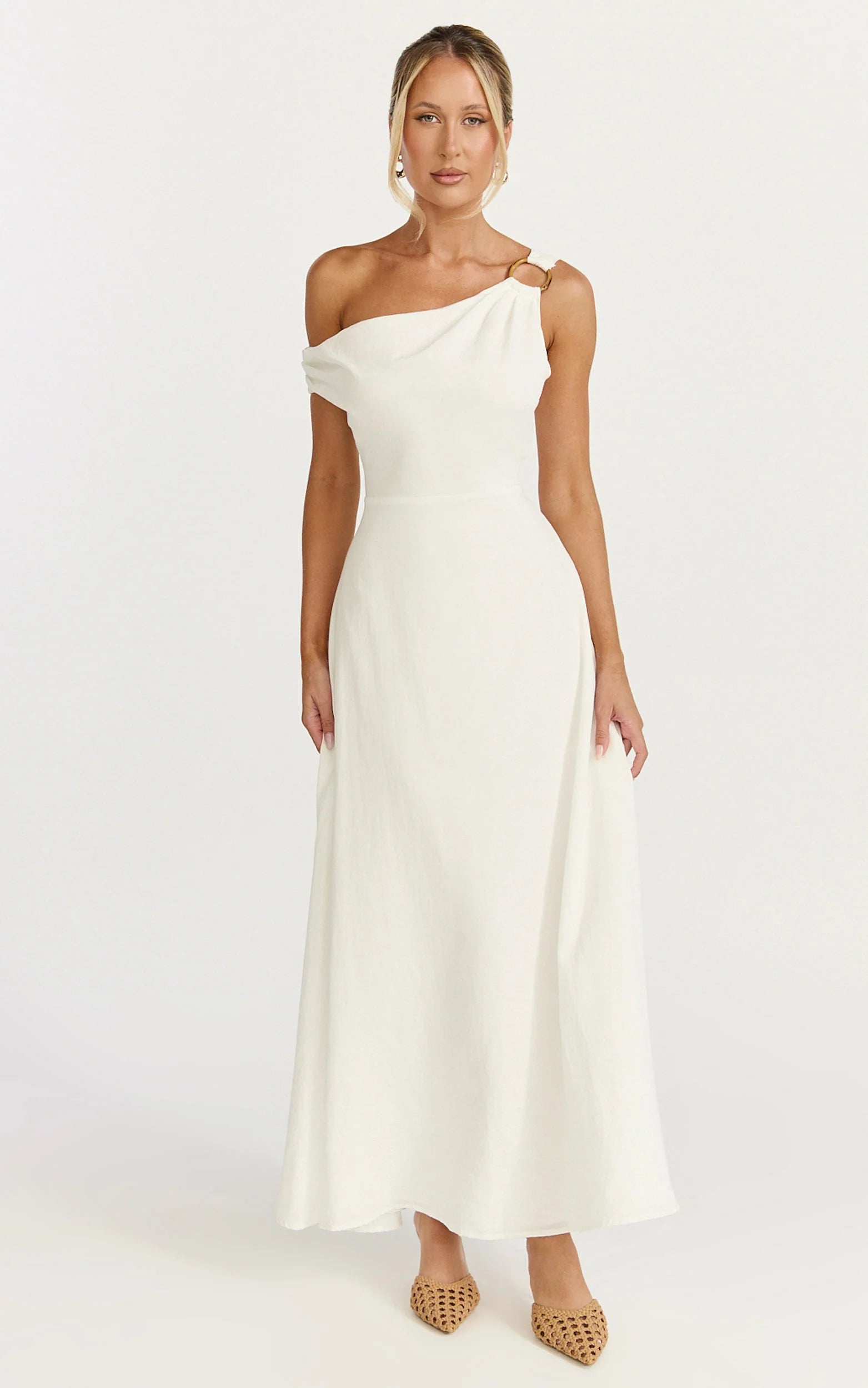 Amber Midi Dress - Off The Shoulder Hardware Detail A Line Dress in White