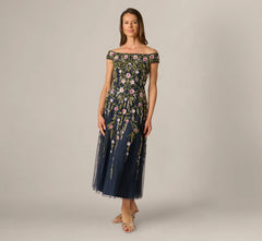 Off Shoulder Floral Beaded Ankle Length Dress In Navy Blush
