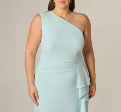 Plus Size One Shoulder Draped Ruffle Stretch Gown In Clear Sky