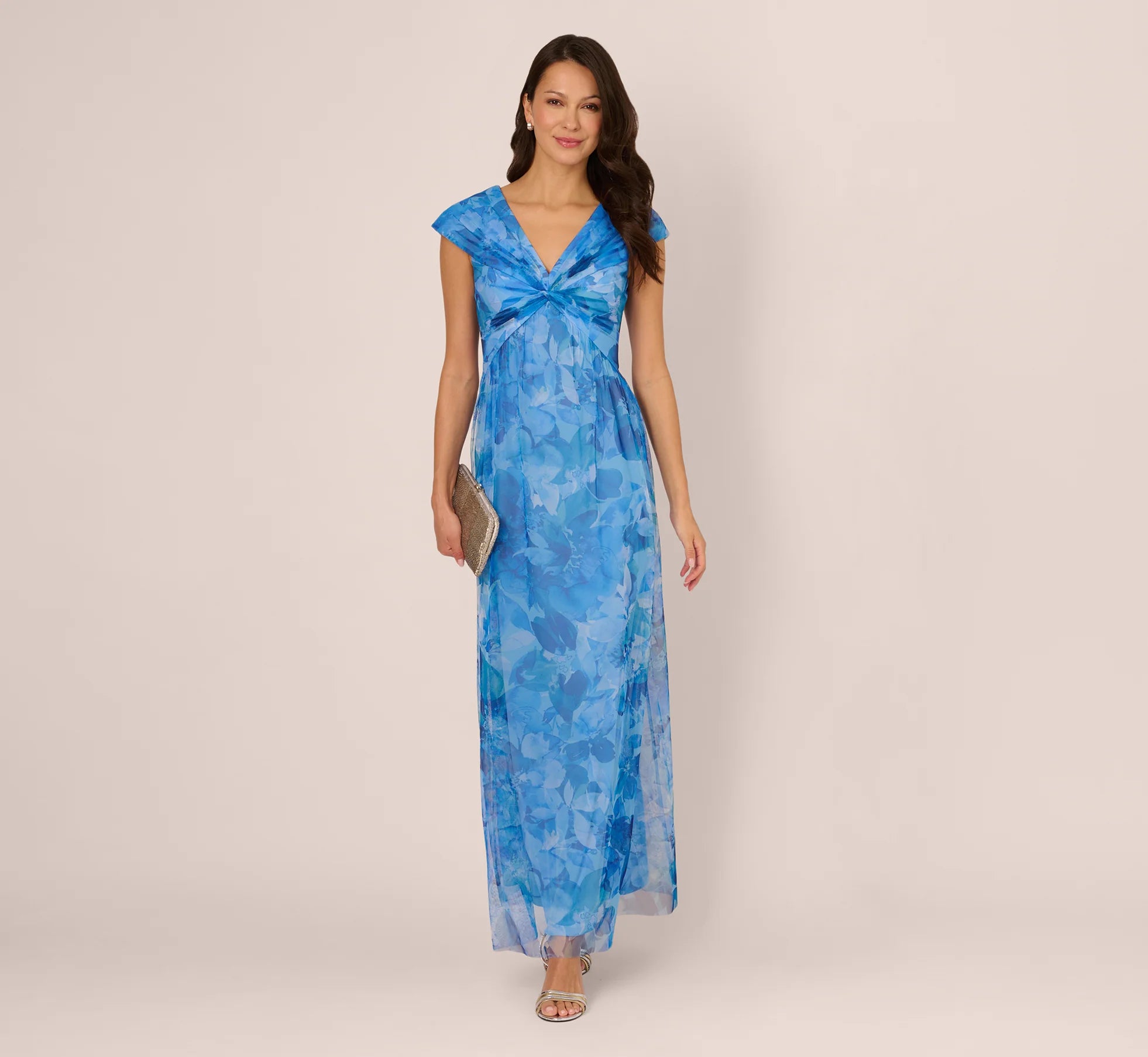 Cap Sleeve Twist Front Floral Tulle Gown In Blue Multi
