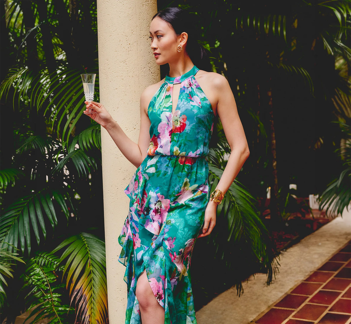 Floral Chiffon Blouson Ruffle Halter Gown In Green Multi