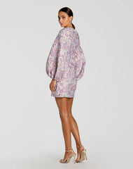 Brocade Balloon Sleeve Fitted Mini Dress