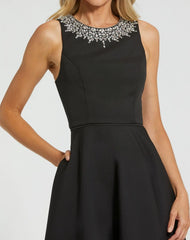 Black Crepe Embellished Neck High Low Gown