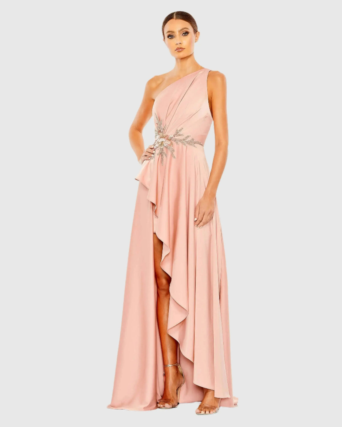 Pink Embellished One Shoulder Asymmetrical Gown