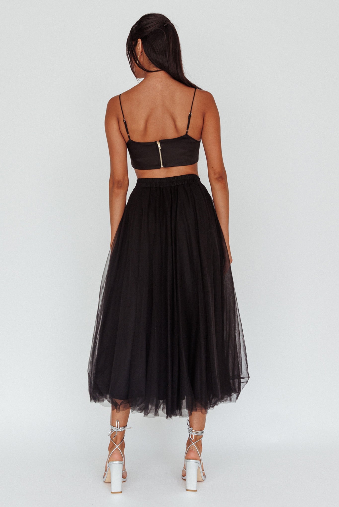 Jasmine Organza Mesh Elasticated Waist Midi Skirt Black