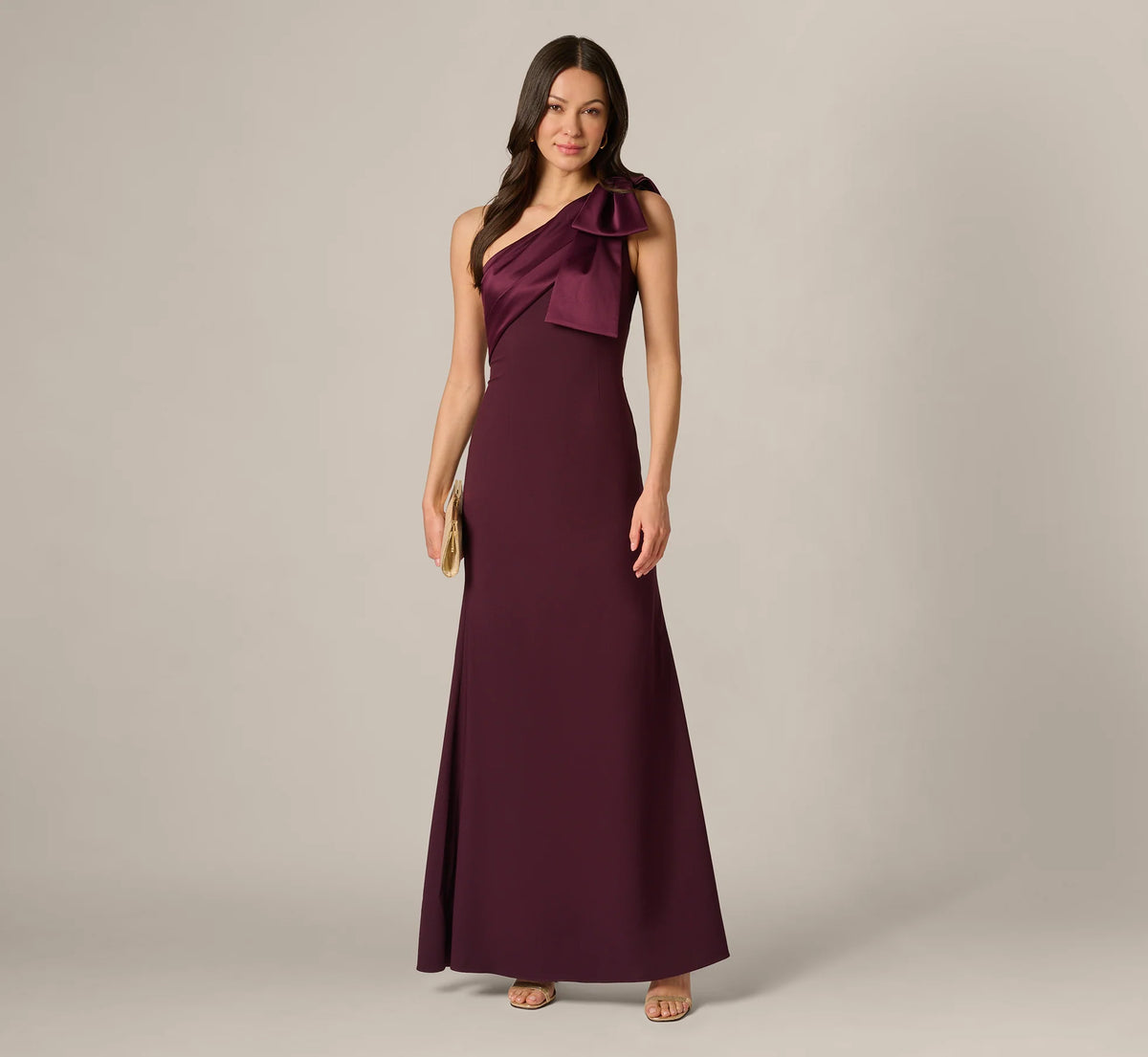 One Shoulder Satin Bow Crepe Gown In Bordeaux Glow