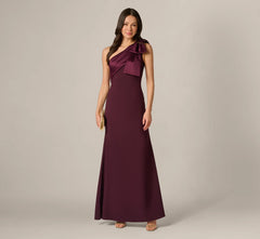 One Shoulder Satin Bow Crepe Gown In Bordeaux Glow